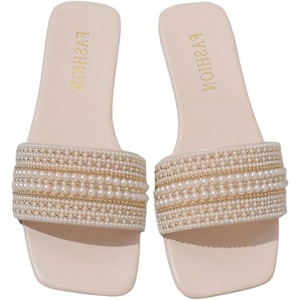 image:imageGORGLITTER Womens Pearl Sandals Rhinestone Sparkly Flat Sandal Wedding Dressy Scattered Sequin Open Toe Slide ShoesWhite