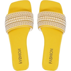image:imageGORGLITTER Womens Pearl Sandals Rhinestone Sparkly Flat Sandal Wedding Dressy Scattered Sequin Open Toe Slide ShoesYellow