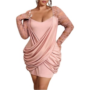 image:imageGORGLITTER Womens Plus Size Lace Dress Fall Casual Wrap Ruched Long Sleeve Bodycon Cocktail Birthday Party Mini DressDusty Pink