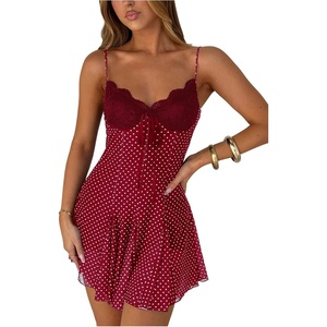 image:imageGORGLITTER Womens Polka Dots Mini Dress Y2k Lace Mesh Bow Tie Front V Neck A Line Dresses Coquette ClothesBurgundy