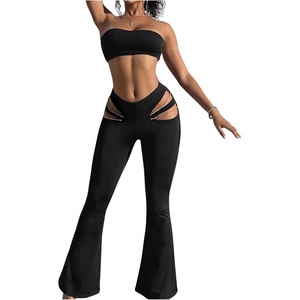 image:imageGORGLITTER Womens Rave Cut Out Pants High Waisted Flare Leg Y2K Going Out Pants Disco Bell Bottom TrousersBlack
