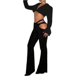image:imageGORGLITTER Womens Rave Cut Out Pants High Waisted Flare Leg Y2K Going Out Pants Disco Bell Bottom TrousersCut Black