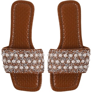 image:imageGORGLITTER Womens Sparkly Jeweled Flat Sandals Dressy Open Toe Glitter Shiny Slippers Slipon ShoesBrown Sparkly
