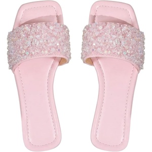 image:imageGORGLITTER Womens Sparkly Rhinestone Flat Sandals Dressy Cute Boho Trendy Square Toe Wedding Summer Slides ShoesLight Pink 2