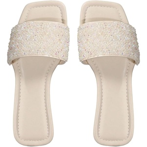 image:imageGORGLITTER Womens Sparkly Rhinestone Flat Sandals Summer Vacation Glitter Square Toe Wedding Dress Shoes Slide SandalsApricot