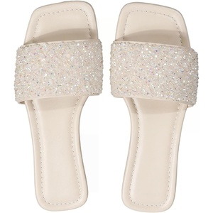 image:imageGORGLITTER Womens Sparkly Rhinestone Flat Sandals Summer Vacation Glitter Square Toe Wedding Dress Shoes Slide SandalsBeige B