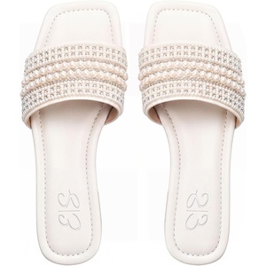 image:imageGORGLITTER Womens Sparkly Rhinestone Flat Sandals Summer Vacation Glitter Square Toe Wedding Dress Shoes Slide SandalsBeige C