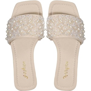 image:imageGORGLITTER Womens Sparkly Rhinestone Flat Sandals Summer Vacation Glitter Square Toe Wedding Dress Shoes Slide SandalsBeige Pearl