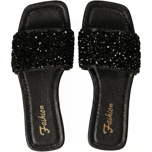 image:imageGORGLITTER Womens Sparkly Rhinestone Flat Sandals Summer Vacation Glitter Square Toe Wedding Dress Shoes Slide SandalsBlack