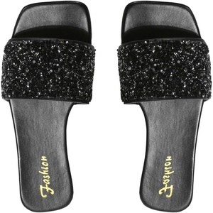 image:imageGORGLITTER Womens Sparkly Rhinestone Flat Sandals Summer Vacation Glitter Square Toe Wedding Dress Shoes Slide SandalsBlack Gllitter