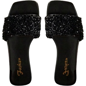 image:imageGORGLITTER Womens Sparkly Rhinestone Flat Sandals Summer Vacation Glitter Square Toe Wedding Dress Shoes Slide SandalsBlack Solidd