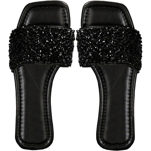 image:imageGORGLITTER Womens Sparkly Rhinestone Flat Sandals Summer Vacation Glitter Square Toe Wedding Dress Shoes Slide SandalsBlack Sparkly