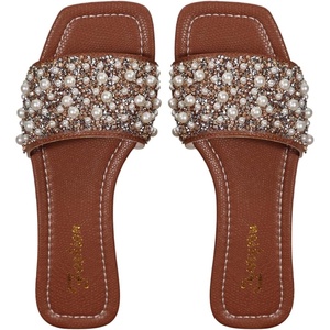 image:imageGORGLITTER Womens Sparkly Rhinestone Flat Sandals Summer Vacation Glitter Square Toe Wedding Dress Shoes Slide SandalsBrown