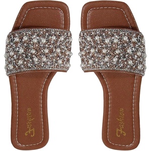 image:imageGORGLITTER Womens Sparkly Rhinestone Flat Sandals Summer Vacation Glitter Square Toe Wedding Dress Shoes Slide SandalsBrown Pearl