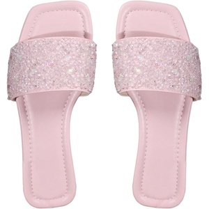 image:imageGORGLITTER Womens Sparkly Rhinestone Flat Sandals Summer Vacation Glitter Square Toe Wedding Dress Shoes Slide SandalsLight Pink