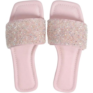 image:imageGORGLITTER Womens Sparkly Rhinestone Flat Sandals Summer Vacation Glitter Square Toe Wedding Dress Shoes Slide SandalsPink Light