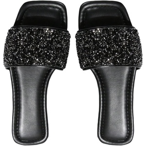 image:imageGORGLITTER Womens Sparkly Rhinestone Flat Sandals Summer Vacation Glitter Square Toe Wedding Dress Shoes Slide SandalsPu Black