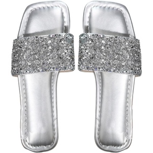 image:imageGORGLITTER Womens Sparkly Rhinestone Flat Sandals Summer Vacation Glitter Square Toe Wedding Dress Shoes Slide SandalsSilver