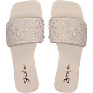 image:imageGORGLITTER Womens Sparkly Rhinestone Flat Sandals Summer Vacation Glitter Square Toe Wedding Dress Shoes Slide SandalsSolid Beige