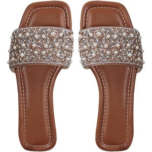 image:imageGORGLITTER Womens Sparkly Rhinestone Flat Sandals Summer Vacation Glitter Square Toe Wedding Dress Shoes Slide SandalsSolid Brown