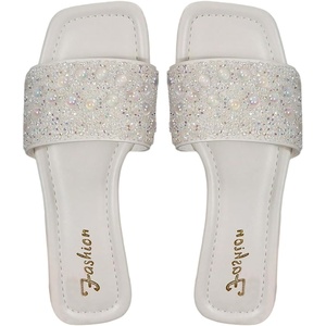 image:imageGORGLITTER Womens Sparkly Rhinestone Flat Sandals Summer Vacation Glitter Square Toe Wedding Dress Shoes Slide SandalsWhite