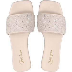 image:imageGORGLITTER Womens Sparkly Rhinestone Flat Sandals Summer Vacation Glitter Square Toe Wedding Dress Shoes Slide SandalsWhite B