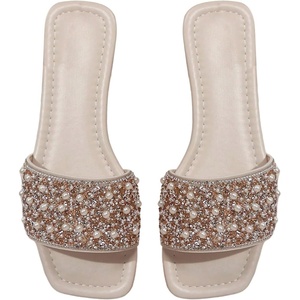 image:imageGORGLITTER Womens Sparkly Rhinestone Flat Sandals Summer Vacation Glitter Square Toe Wedding Dress Shoes Slide SandalsWhite Beige Pearl