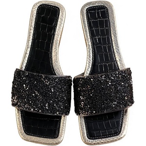 image:imageGORGLITTER Womens Sparkly Summer Sandals 2026 Rhinestone Bling colorful Square Toe Wedding Flats Slides ShoesBlack