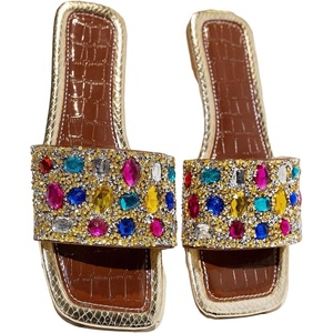 image:imageGORGLITTER Womens Sparkly Summer Sandals 2026 Rhinestone Bling colorful Square Toe Wedding Flats Slides ShoesBrown Rainbow
