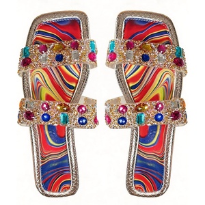 image:imageGORGLITTER Womens Sparkly Summer Sandals 2026 Rhinestone Bling colorful Square Toe Wedding Flats Slides ShoesClear Colorful
