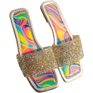 image:imageGORGLITTER Womens Sparkly Summer Sandals 2026 Rhinestone Bling colorful Square Toe Wedding Flats Slides ShoesGold Rainbow