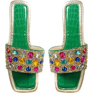 image:imageGORGLITTER Womens Sparkly Summer Sandals 2026 Rhinestone Bling colorful Square Toe Wedding Flats Slides ShoesGreen Colorful