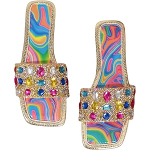 image:imageGORGLITTER Womens Sparkly Summer Sandals 2026 Rhinestone Bling colorful Square Toe Wedding Flats Slides ShoesMulticolor