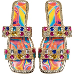image:imageGORGLITTER Womens Sparkly Summer Sandals 2026 Rhinestone Bling colorful Square Toe Wedding Flats Slides ShoesRainbow Multicolor