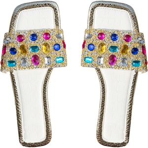 image:imageGORGLITTER Womens Sparkly Summer Sandals 2026 Rhinestone Bling colorful Square Toe Wedding Flats Slides ShoesWhite