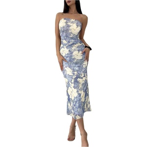 image:imageGORGLITTER Womens Strapless Mesh Dinner Cocktail Tube Maxi Dress Y2K Summer Wedding Guest Sunset Prom Beach SundressesBlue and White