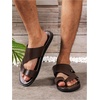 image:imageGORGLITTER Mens House Slippers Leather Slide 2025 Footwear Round Flip Flops Pu Slip on SandalsBrown