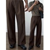 image:imageGORGLITTER Mens Pin Stripe Baggy Dress Pants Wide Leg Business Casual Work Pleated Slacks TrousersCoffee Brown