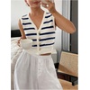 image:imageGORGLITTER Womens Striped Button Up Cropped Sweater Vest Sleeveless V Neck Boho Knitted Tank TopsBlue and White