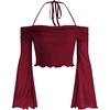 image:imageGORGLITTER Womens Bell Sleeve Off The Shoulder Tops Mesh Flare Long Sleeve Y2k Cute Halter Crop Going Out TopsBurgundy