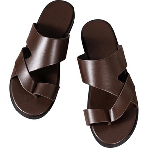 image:imageGORGLITTER Mens House Slippers Leather Slide 2025 Footwear Round Flip Flops Pu Slip on SandalsBrown