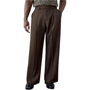 image:imageGORGLITTER Mens Pin Stripe Baggy Dress Pants Wide Leg Business Casual Work Pleated Slacks TrousersCoffee Brown