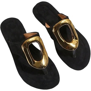 image:imageGORGLITTER Womens Gold Flip Flops Square Toe Summer Sandals 2026 Wedding Dressy Vacation Beach Slides ShoesBlack Metal Decor