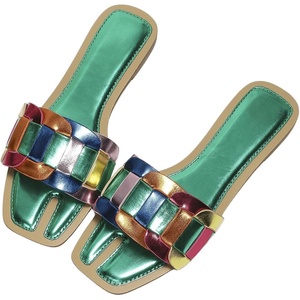 image:imageGORGLITTER Womens Metallic Flat Sandals Dressy Slippers Sparkly Summer Cute Open Toe Slip on Slides Beach Sandal 2025Green Multi