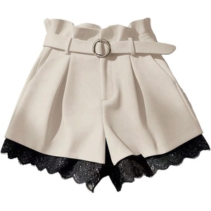 image:imageGORGLITTER Womens Pleated Lace Belted Dress Shorts Wide Leg Tailored Formal Dressy Work Shorts with PocketsApricot