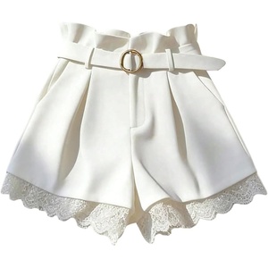 image:imageGORGLITTER Womens Pleated Lace Belted Dress Shorts Wide Leg Tailored Formal Dressy Work Shorts with PocketsWhite