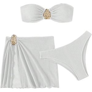 image:imageGORGLITTER Womens Strapless Bandeau Swimsuits High Waisted Cheeky Metal Bikini Sets with Bathing Suit Cover Up SkirtsSolid White