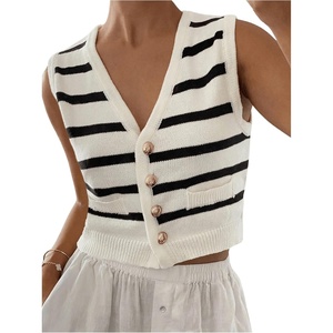 image:imageGORGLITTER Womens Striped Button Up Cropped Sweater Vest Sleeveless V Neck Boho Knitted Tank TopsBlack and White