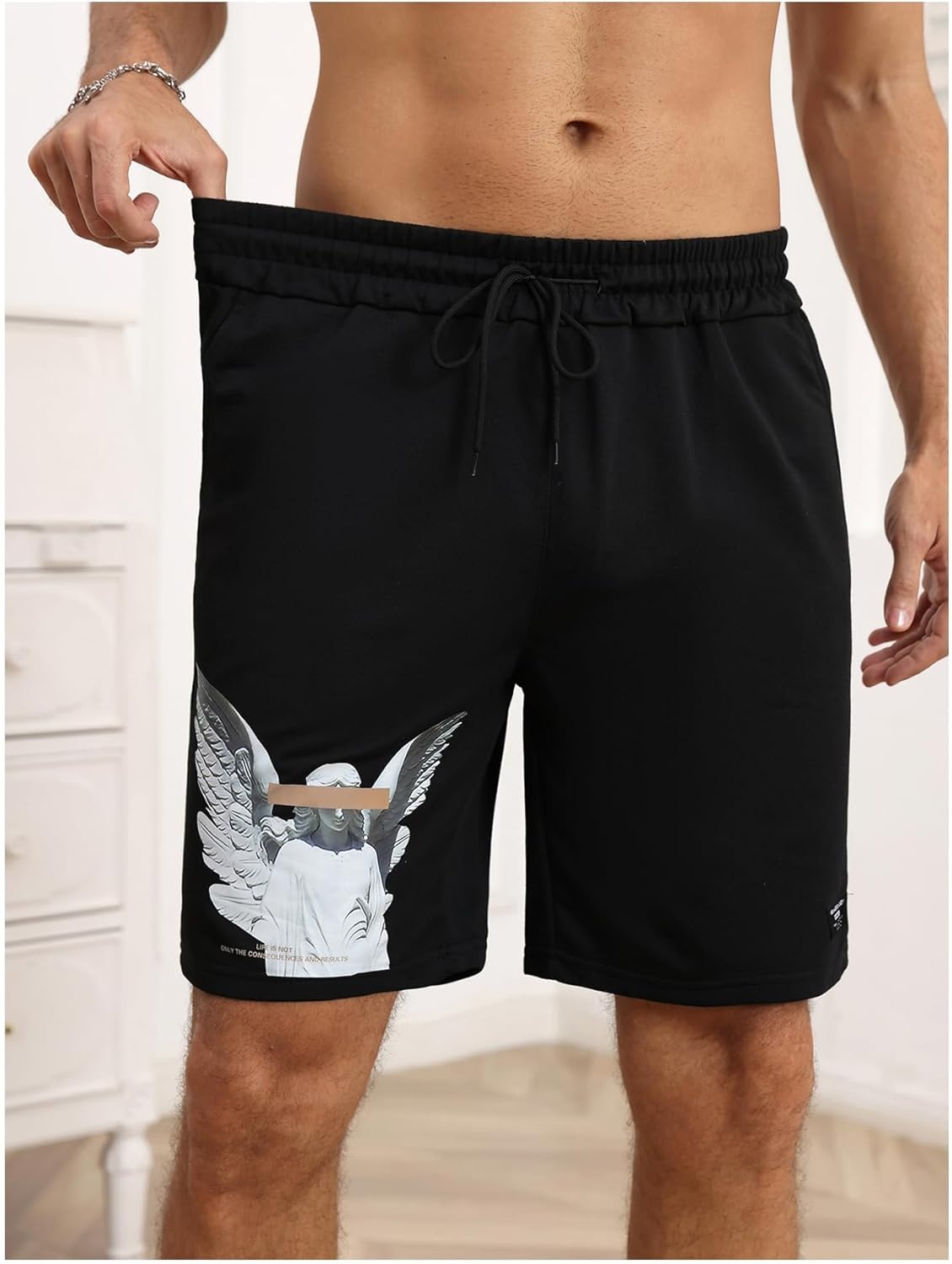 image:imageGORGLITTER Mens Graphic Shorts Y2K Designer Baggy Cool Rave Drawstring Waist Vintage Track Gym Running Workout ShortsBlack