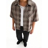 image:imageGORGLITTER Mens Gingham Cropped Shirt Plaid Button Up Short Sleeve Checkered Vintage Streetwear Crop Tops TeeRust Brown